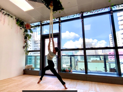 Venee Cheung with aerial yoga at Joneestic Studio